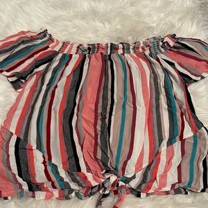 Multi colored off the shoulder top with front knot